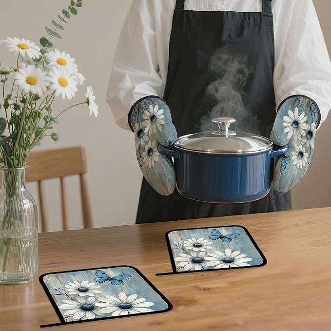 Blue Butterfly Oven Mitts and Pot Holders,Vintage Daisy Wooden Heat Resistant Oven Mitts Gloves and Pot Holder for Home Kitchen Decorations Cooking Baking BBQ Gifts,Set of 4