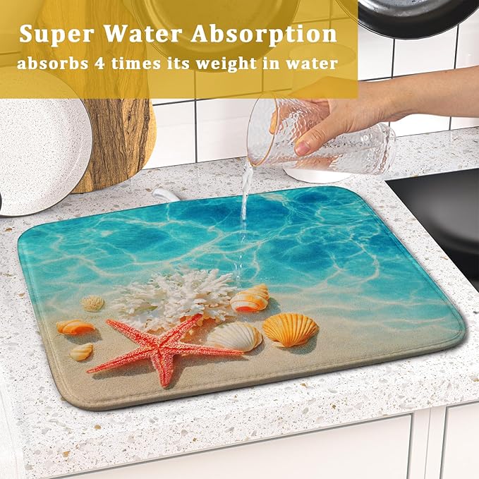 Giwawa Coastal Starfish Dish Drying Mat 16"x18" Ocean Blue Sea Coral Seashell Dish Drainer Mats Nautical Beach Themed Decorative Reversible Dish Drying Pad for Kitchen Countertop Dining Room