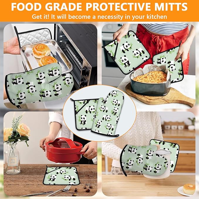 Cute Panda Oven Mitts and Pot Holders Sets 4Pcs,Extra Long Oven Gloves Potholder for Kitchen Cooking Baking BBQ 100% Cotton Heat Resistant - Image 7