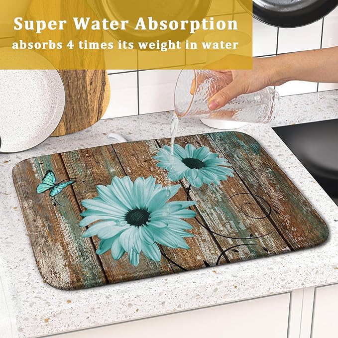Giwawa Rustic Daisy Dish Drying Mat for Kitchen Countertop 16x18 inch Fall Teal Sunflowers on Wooden Board Dish Drainer Mats Fast Drying Country Vintage Shabby Chic Flower Dish Drying Pad Cabin Decor