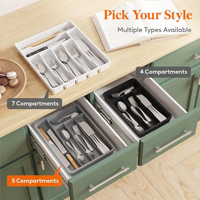 Lifewit Silverware Drawer Organizer Tray, Plastic Cutlery Storage for Kitchen, Flatware and Utensil Holder Divider for Spoons Forks Knives Tableware, 9.5 x 13.4", 5 Slots, Black - Image 9