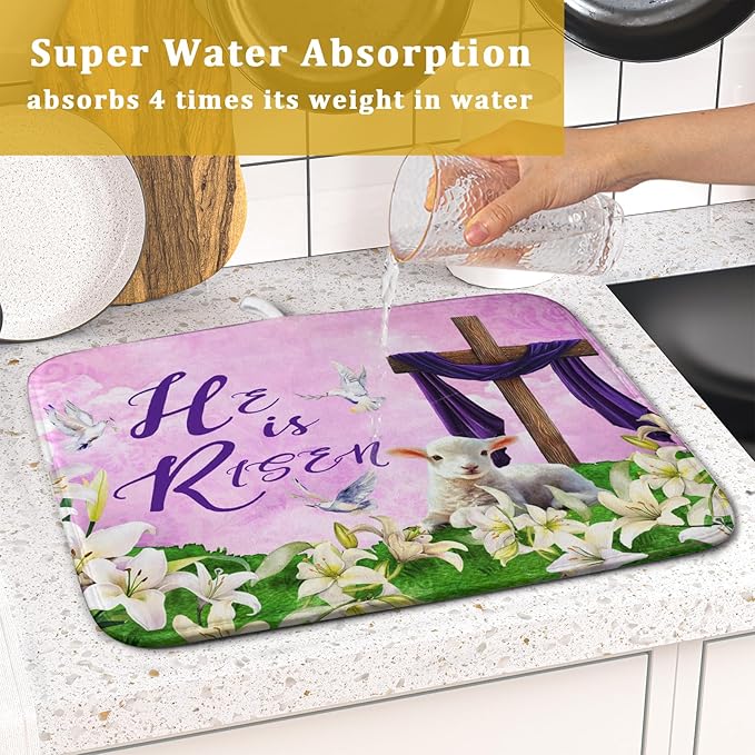 Giwawa Easter Purple Dish Drying Mat, He is Risen Cross Lamb Floral Dish Drainer Mats, Spring Lily Flowers Reversible Dish Drying Rack Pad Protector for Kitchen Countertop Decor, 16"x18"