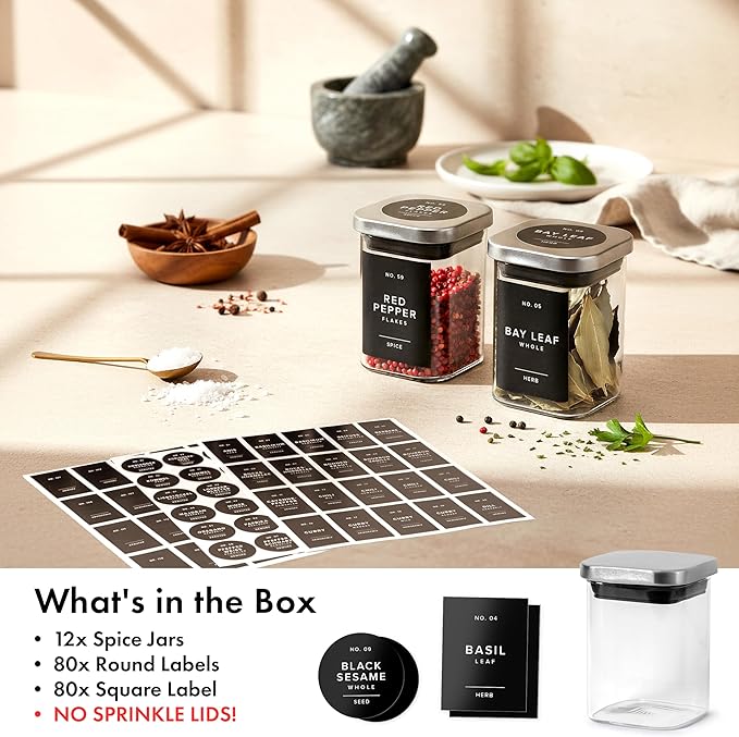 EDELHAUS Glass Spice Jars with Labels and Steel Lids (12 x 6.4oz) Spice Containers with 160 Label, Steel Funnel, Shaker Inserts, Empty Square Seasoning Organizer for Spice Rack, Cabinet, Drawer - Image 7