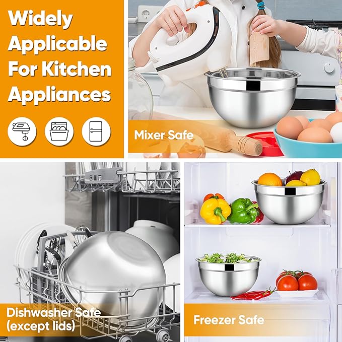 TeamFar Mixing Bowl Set of 5, 4.5/3/1.5/1/0.7 QT, Stainless Steel Metal Nesting Salad Bowl with Lid Set, Ideal for Mixing Serving, Non-Toxic & Sturdy, Airtight Lid & Easy Clean, Black - Image 7