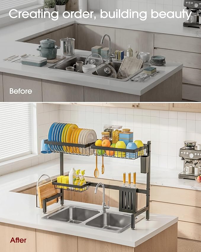 Sakugi Dish Drying Rack - Over the Sink Dish Drainer Drying Rack with Utensil & Knife Holder, Hooks, Stainless Steel Kitchen Organizers and Storage Solution, 11" D x 30.5"~34''W x 21.5" H, Black - Image 5