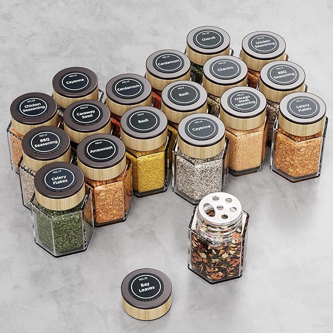 Vetacsion Set of 18 Magnetic Glass Spice Tins with 100 Preprinted Seasoning Label Stickers (Include Black Metal Wall-Plates) - Image 8
