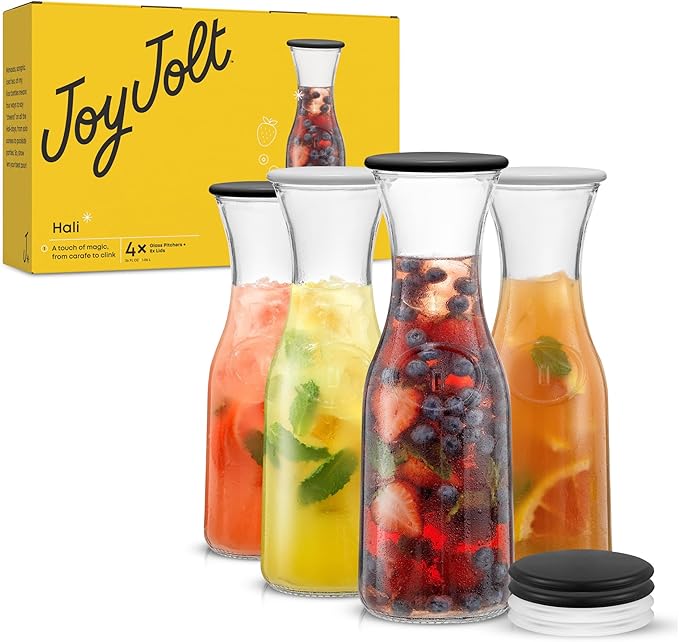 JoyJolt Glass Carafe with Lid, Set of 4 – 1 Liter Glass Pitcher for Mimosa Bar, Water, Iced Tea, Juice, Wine, Lemonade, Milk – Dishwasher Safe Beverage Drink Dispensers for Brunch, Parties - Image 8