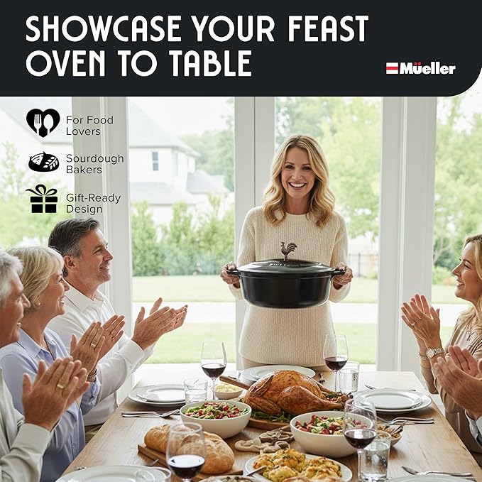 MUELLER HOME 5.5 Quart Enameled Cast Iron Oval Dutch Oven with Rooster Knob & Cotton Potholders, Heavy-Duty Cookware, Oven-Safe up to 500° F & Across All Cooktops, Gifts for Grandma & Women, Black - Image 8