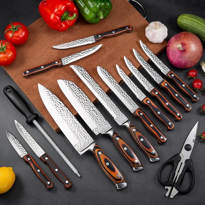 Kitchen Knife Sets with Block, 15-Piece High Carbon Stainless Steel Knife Block Set with Sharpener, Ultra-Sharp kitchen knives with Triple Rivet Wood Handle Perfect for Cooking Cut