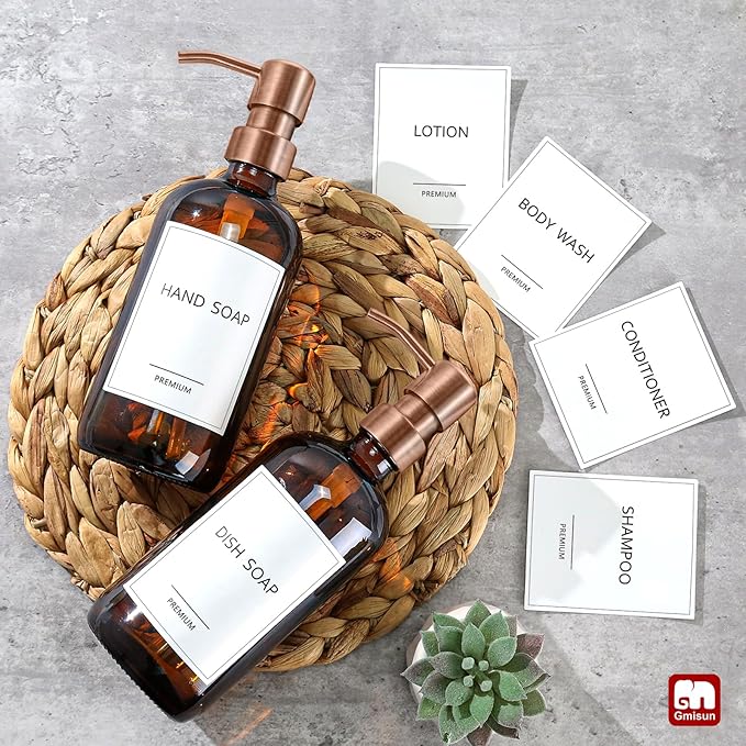GMISUN Amber Glass Soap Dispenser, 2 Pack Bathroom Hand Soap Dispensers with Rose Gold Pump, 17 Fl Oz Kitchen Hand and Dish Soap Dispenser Set, Modern Vintage Liquid Brown Soap Dispensers Bottle - Image 8