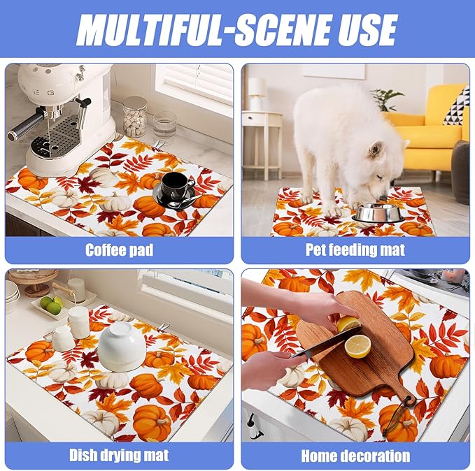 Fall Pumpkin Maple Dish Drying Mat for Kitchen Counter Thanksgiving Drying Pad Absorbent Reversible Dish Drainer Rack Mats Draining Pad 18"x24"Inch