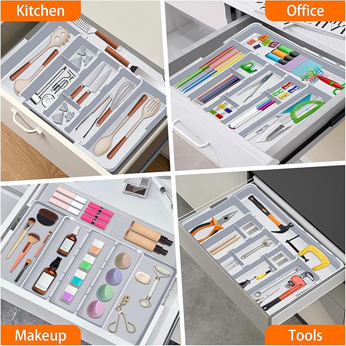 Spaclear Large Utensil Drawer Organizer Expandable Silverware Organizer for Kitchen Drawer Adjustable Cooking Utensil Holder Cutlery Flatware Tray Spatula Tools Gadgets Storage Dividers Plastic Grey - Image 9