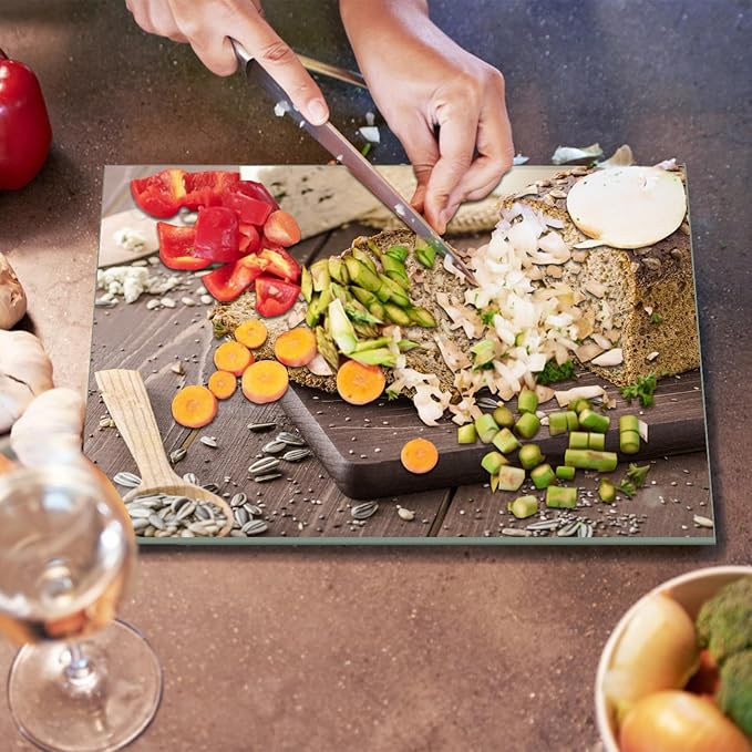 JAMBALAY Tempered Glass Cutting Board, 10"x14" for Kitchen Dishwasher Safe with Rubber Feet, Scratch Resistant, Heat Resistant, Shatterproof, Bread Pattern
