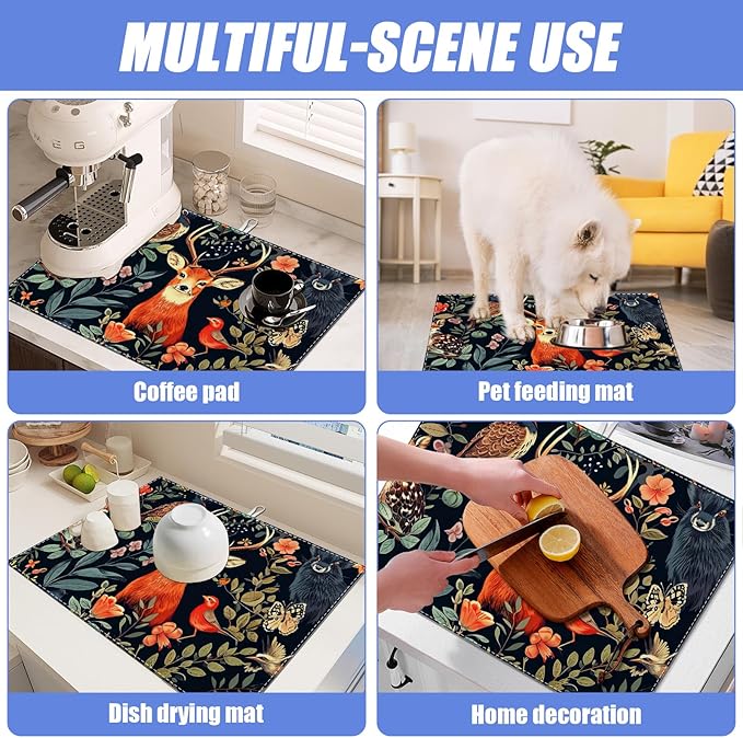Vintage Deer Dish Drying Mat for Kitchen Counter Wild Animals Drying Pad Absorbent Reversible Dish Drainer Rack Mats Draining Pad 18"x24"Inch - Image 7