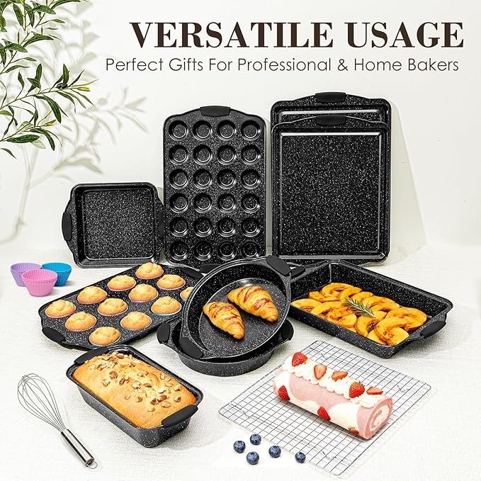 Baking Pans Set Nonstick, Bakeware Sets Stackable with Silicone Handles, AIVIKI 22 Pieces Oven Pan for Cooking Including Baking Cookie Sheet with Rack, Roast Pan, Cake Pan, Loaf Pan, Muffin Pan, Black - Image 8
