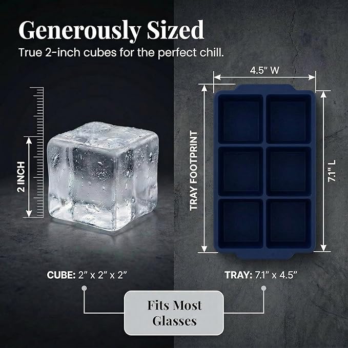 KitchFort Large Silicone Ice Cube Tray (2-Pack), Easy Release 2" Big Ice Cubes - Cocktail, Whiskey Ice Cubes Mold - Ice Trays for Freezer with Lid - Stackable Silicone Ice Tray - Navy Blue - Image 8