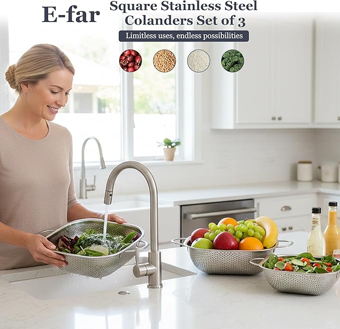E-far 3 Pack Colander for Kitchen, Square Stainless Steel Metal Strainer Colander with Handle for Draining Food Pasta Vegetable, Micro-Perforated & Elevated Feet, Dishwasher Safe(2.4/4/6QT) - Image 7