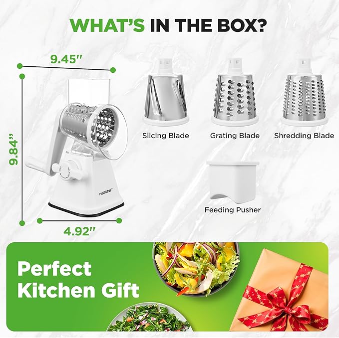 NutriChef 3 in 1 Cheese Grater & Shredder | Strong Suction Base, Rotary Handle with Safety Lock | Includes Hand Crank & 3 Drum Blades for 3 Textures, Fine, Medium & Strips | White - Image 8