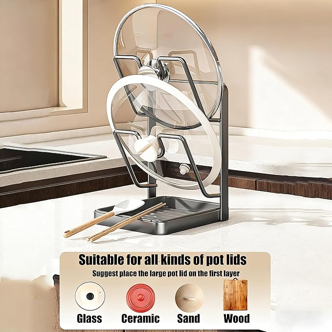 Pot Lid Organizer Rack, Stainless Steel Kitchen Pot Lid Holder & Storage Rack with Drip Tray & Spoon Rest for Countertop Stove Cooking (Beige)