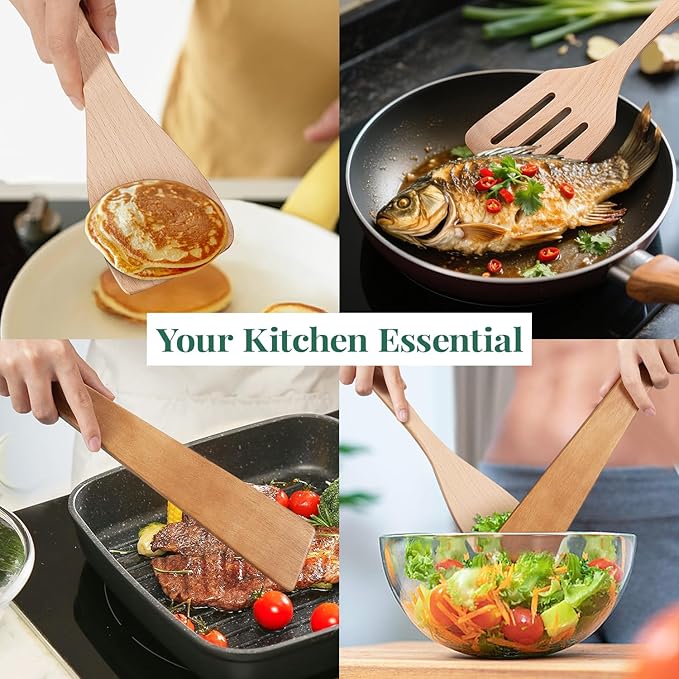 3Pcs Wooden Spatulas, 12inch Long Handle Slotted Turner Spatula Set, Uncoated Beech Wood Cooking Spoons for Non-Stick Cookware, Kitchen Utensils Set for Frying, Flipping, Scraping and Turning - Image 7