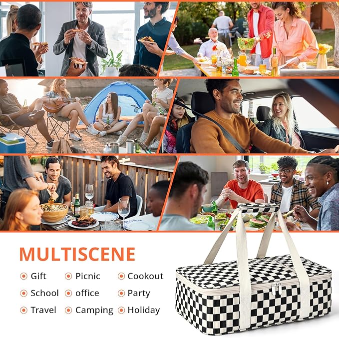 Insulated Casserole Carrier for Hot or Cold Food,Pie Carrier Bag Lunch Bag Tote for Potluck Parties/Picnic/Cookouts, Fits 9"x13" Baking Dish,Corduroy Black Checkered