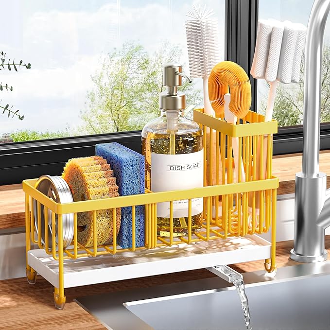 Cisily Sponge Holder for Kitchen Sink, Sink Caddy Organizer with High Brush Holder, Kitchen Countertop Organizers, 304 Stainless Steel, Lemon Yellow Kitchen Decor and Accessories - Image 8