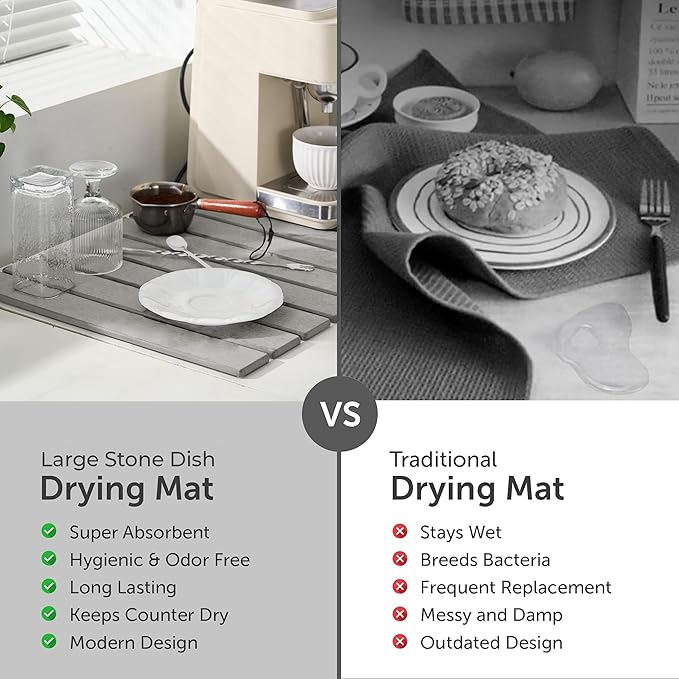 Large Stone Dish Drying Mat for Kitchen Counter, Quick Dry Stone Dishes Mats, Stones Drying Mat for Kitchen Counter, Water Absorbing Diatomaceous Drying Mat (Light Gray 24"×16" & 8"x4")