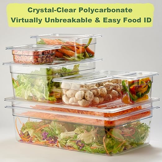 CURTA 6-Pack 1/4 Size 6" Deep NSF Polycarbonate Food Pans with Handled Lids & Drain Trays | Dishwasher & Freezer Safe Clear Container for Prep Tables, Buffet, Salad Bar, Commercial & Home Kitchen