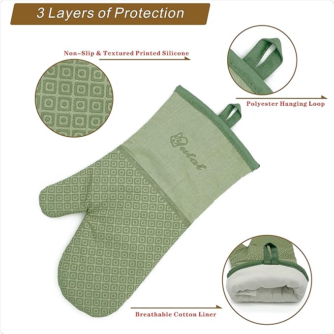 Yutat Silicone Oven Mitts - Oven Mitts and Pot Holders Sets Made of Non-Slip & BPA-Free Silicone, High Heat Resistant 500 Degrees, Perfect for Kitchen Cooking Baking BBQ, 4Pcs Set, Peak Green - Image 3