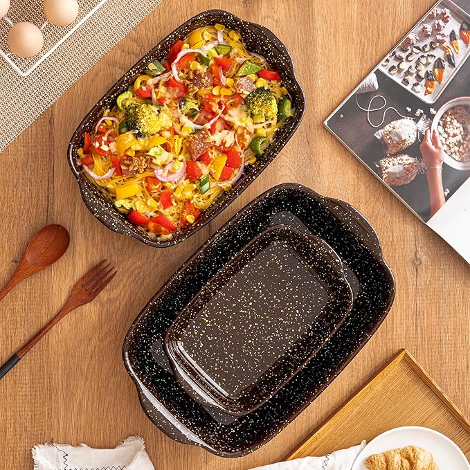3-Pack Deep Rectangular Ceramic Baking Dishes, Heavy-Duty Oven-Safe Stoneware Casserole Pans for Lasagna Baking, High Heat Resistant Handcrafted Glazed Finish,Speckle Series(13.8''/12''/9.6'' Brown) - Image 8