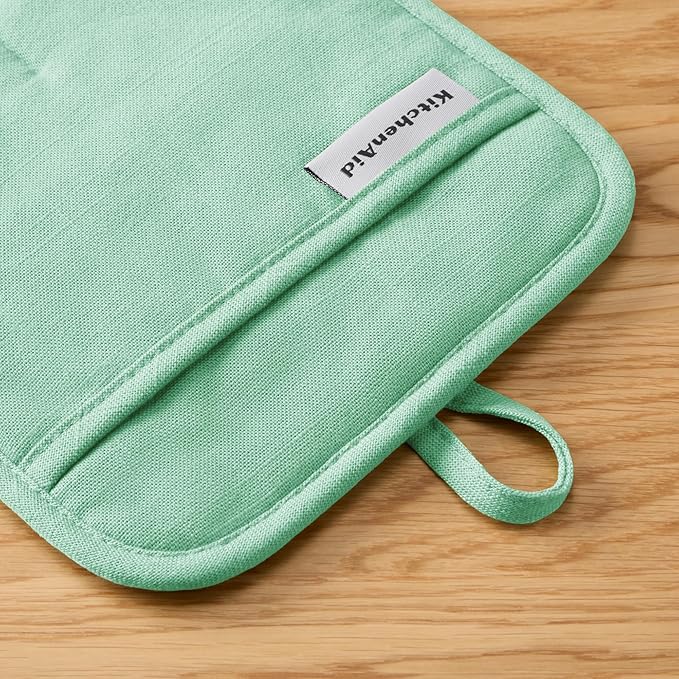 KITCHENAID Gourmet Series Gridlines Pot Holders 2-Pack Set, Heat Resistant up to 600°F, Soft Silicone Grip, Magnetic Cuff, Color of The Year, Spearmint, 8"x8" - Image 6