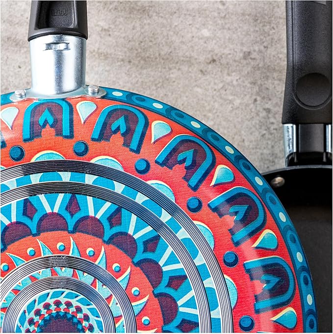 Ekco 3-Piece Frying Pan Set (7.1, 7.9 & 9.4 IN) For all Stovetops, Dishwasher Safe - Lightweight Aluminum Skillets, Non-Stick & Riveted Bakelite Handle (Hippie Chick Red & Blue) PFOA & PTFE Free