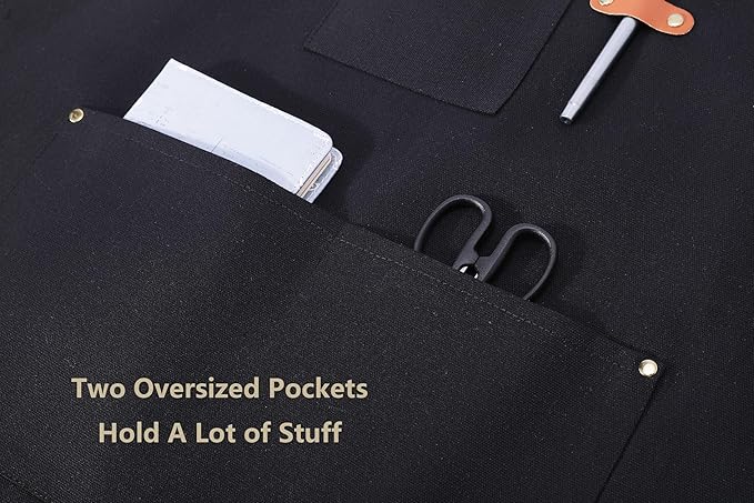 AFUN Chef Aprons for Women Men with Oversized Pockets, 12-Ounce Cotton Canvas Cross Back Water Repellent Apron (Black) - Image 8