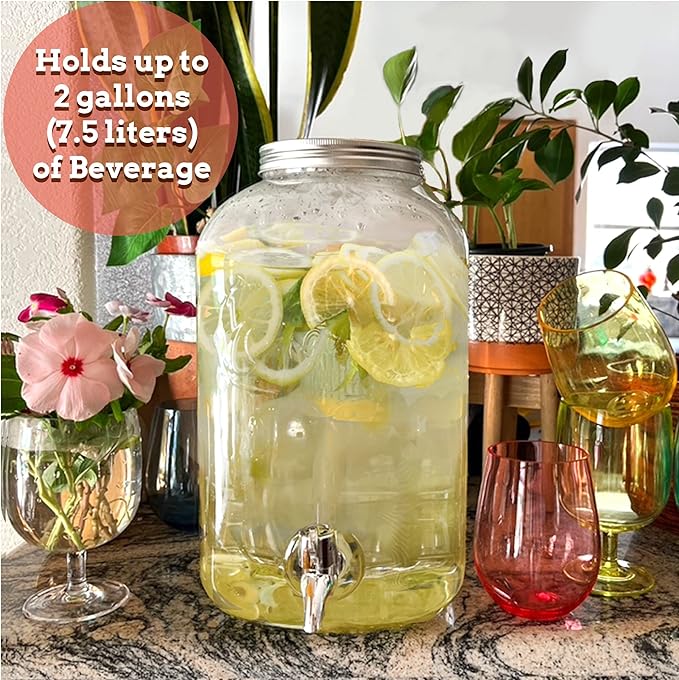 Lily's Home Plastic Beverage Dispenser with Spigot - 2 Gallon Drink Holder for Water, Juice, Tea - Ideal for Parties, Lemonade Stands, & Events