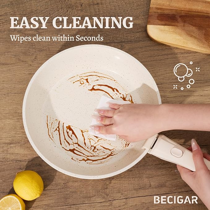 BECIGAR 8pcs Ceramic Pots and Pans Set, Non Stick Cookware Set, Detachable Handle Cookware, Induction Kitchen Cooking Set with Removable Handle,Oven Safe, Induction Fast, Stackable Cookware Set - Image 8