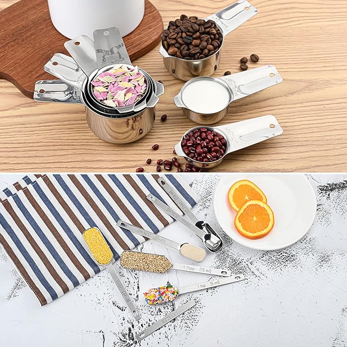 Measuring Cups and Spoons Set, Stainless Steel Measuring Cups Set, Dry 7 Measurer Cups 9 Measurement Spoons with Leveler & Measure Enquivalents for Kitchen & Baking Nesting Measuring Tools