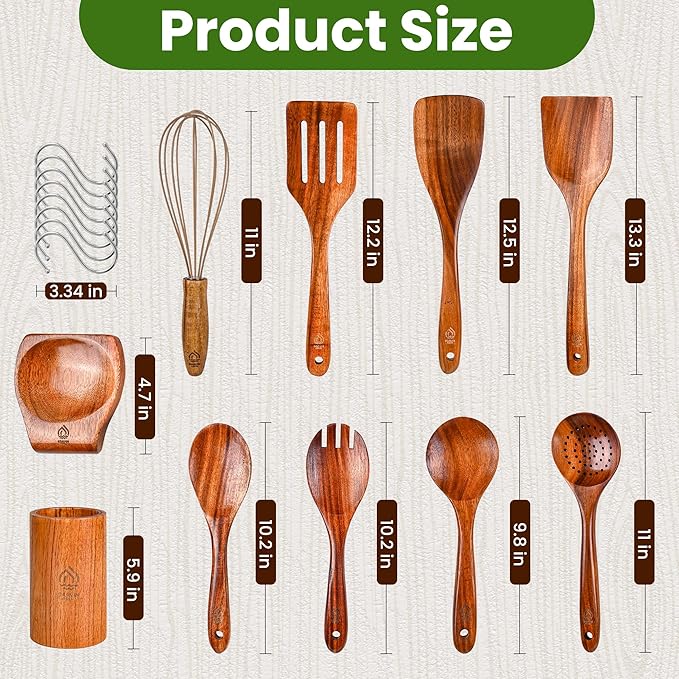 Teak Wooden Utensil Set 10 Piece, Kitchen Cooking Utensils with Holder and Hanging Hooks, Wooden Spoons and Spatulas for Cooking, Sturdy and Lightweight, Heat-Resistant Non-Stick Cookware