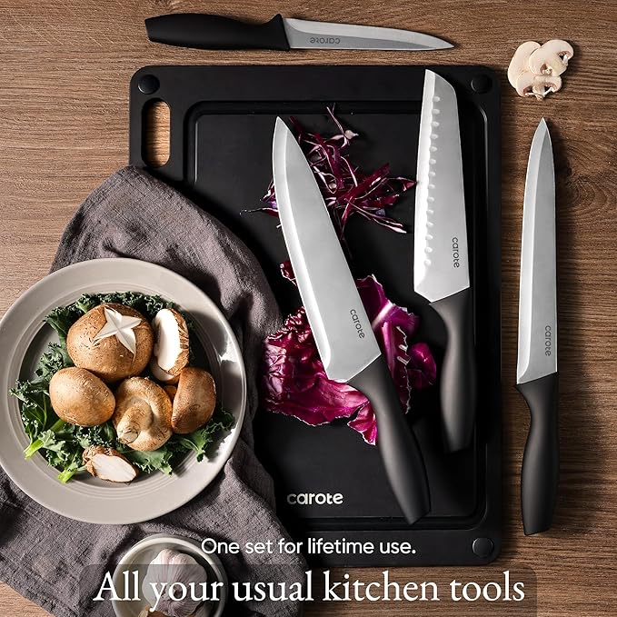 CAROTE Knife Set, 11 Pcs Kitchen Knives with 5 Blade Guards & Non-Slip Cutting Board, Rustproof Stainless Steel 5 Kitchen Knife Set, Plain Black - Image 7