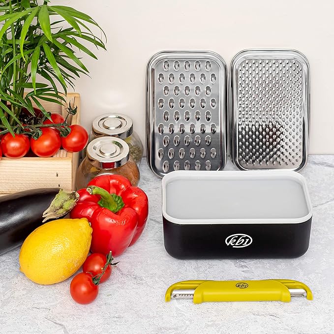 Cheese Grater with Container and Lid & Peeler Set - Vegetable Fruit Multi-Function Stainless Steel Kitchen Utensil Kit with Black Food Plastic Storage Stable Box - Hand Chopper Graters & Peelers - Image 9
