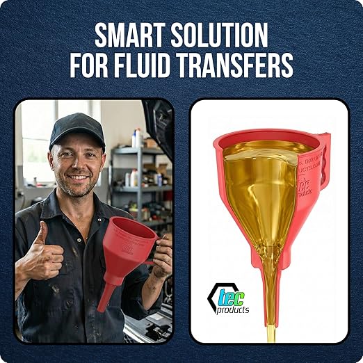 TEC Products FlexAll Short Neck Funnel - Flexible Funnel w/Hose for Automotive Use - Durable Nitrile Rubber - Car Oil Change, Transmission Fluid, Diesel, Gas - USA Made - Large (11 x 5.73 Inches)