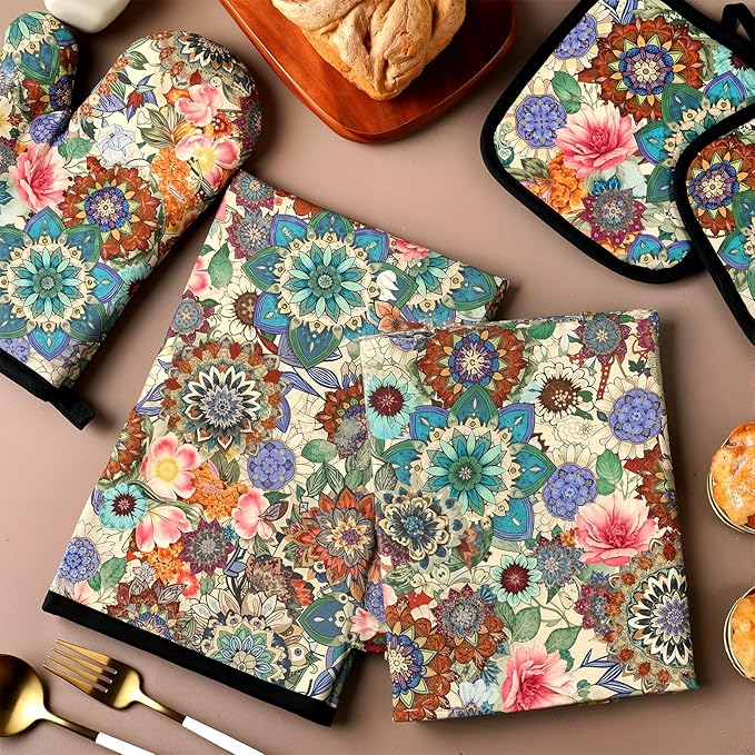 Jingmore 6 Pcs Kitchen Decor Set Accessory Farmhouse Kitchen Towels Pot Holders Oven Mitts Set 2 Dish Towels 2 Pot Holders 2 Cooking Mittens Oven Glove for Cooking(Colorful,Boho Floral) - Image 7