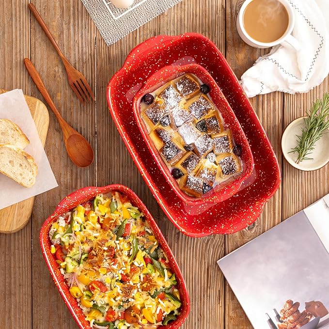 3-Pack Ceramic Lasagna Pan,Heavy-Duty Rectangular Baking Dishes, High Heat Resistant Oven-Safe Stoneware Casserole with Handles,Home Baking,Speckle Series(13.8''/12''/9.6'' Red) - Image 9