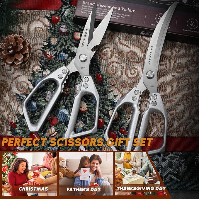 HUUSK Kitchen Scissors Set Silver - Stainless Steel Kitchen Shear, Sharp Meat Scissors Dishwasher Safe, Heavy Duty Poultry Shears, Japanese Cooking Scissor for Food, Christmas Gifts for Men Women - Image 7
