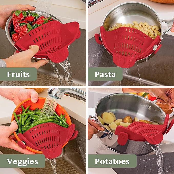 Kitchen Gizmo Snap N Strain Silicone Pot Strainer - Adjustable Clip-On Pasta Strainer for Pots, Pans, and Bowls - Large Red Kitchen Colander - Image 7