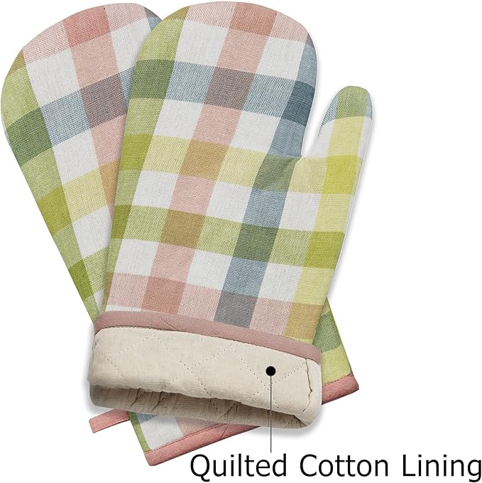 COTTON CRAFT Oven Mitt and Pot Holder Set - Gingham Buffalo Check 2 Oven Mitts 2 Pot Holders Set - Easter Spring Cotton Extra Long Mitt - Insulated Heat Resistant Quilted Kitchen Glove - Yellow Multi - Image 7