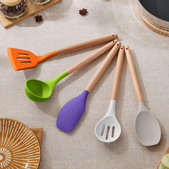 Herogo 5-Piece Cooking Utensils Set, Silicone Kitchen Utensils Set with Wooden Handle, Heat Resistant Cooking Tools Slotted Turner, Spoon, Soup Ladle, Spatula, Spoonula for Nonstick Cookware, Colorful - Image 9