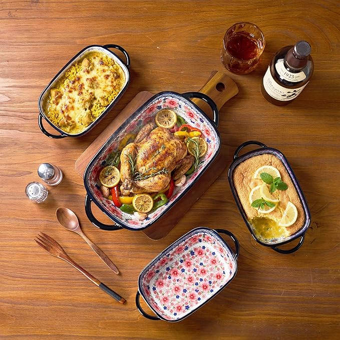 Ceramic Casserole Dishes for Oven, Hand-painted Polish Pottery Baking Dish Set of 2, 0.8QT / 2QT Porcelain Casserole Dishes with Handles, Baking Pan Lasagna Pan, Gift for Family/Friend (Red) - Image 9