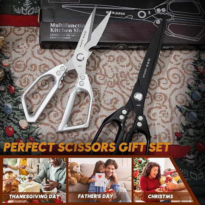HUUSK Kitchen Shears Set Upgraded - Stainless Steel Kitchen Scissors, Sharp Meat Scissors, Heavy Duty Poultry Shear, Japanese Cooking Scissor for Food, Dishwasher Safe, Gifts for Men Women
