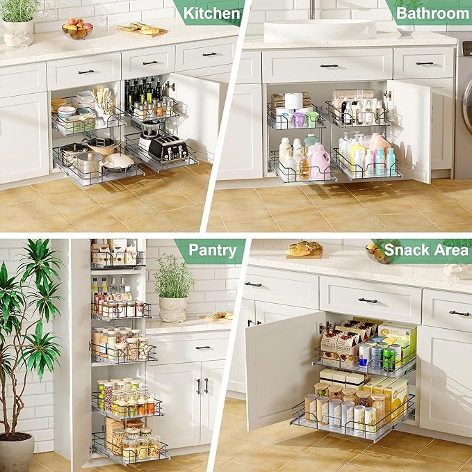 2-Tier Pull Out Cabinet Organizer (17" W x 22" D), Soft Close Cabinet Slide Out Shelves, Heavy Duty Slide Out Drawers with Shelf Liner for Kitchen Cabinets, Pantry Storage, Bathroom