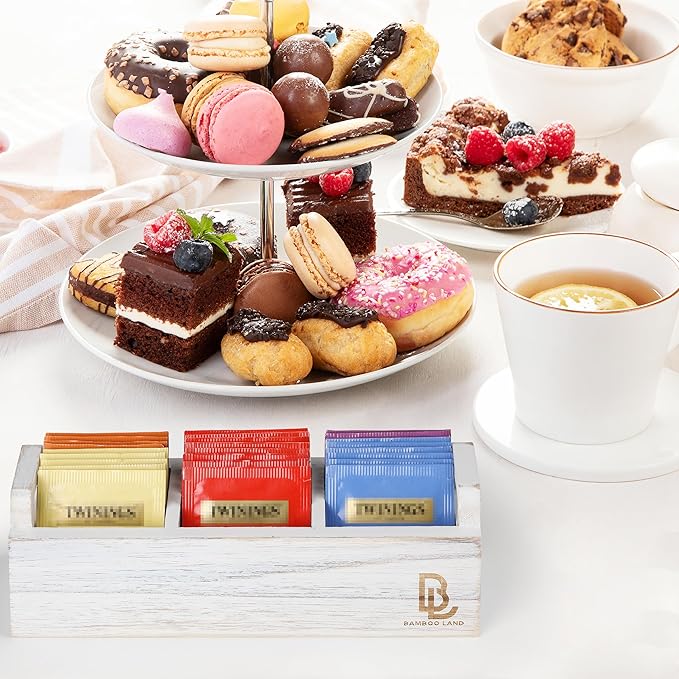 BAMBOO LAND- Wooden Tea Bag Organizer, 3 Slot Small Wooden Tea Bag Holder for Countertop, Small Storage Caddy Box for Tea Packets, Sugar Packet Holder, Kitchen Accessory for Home, Office, Coffee Bar